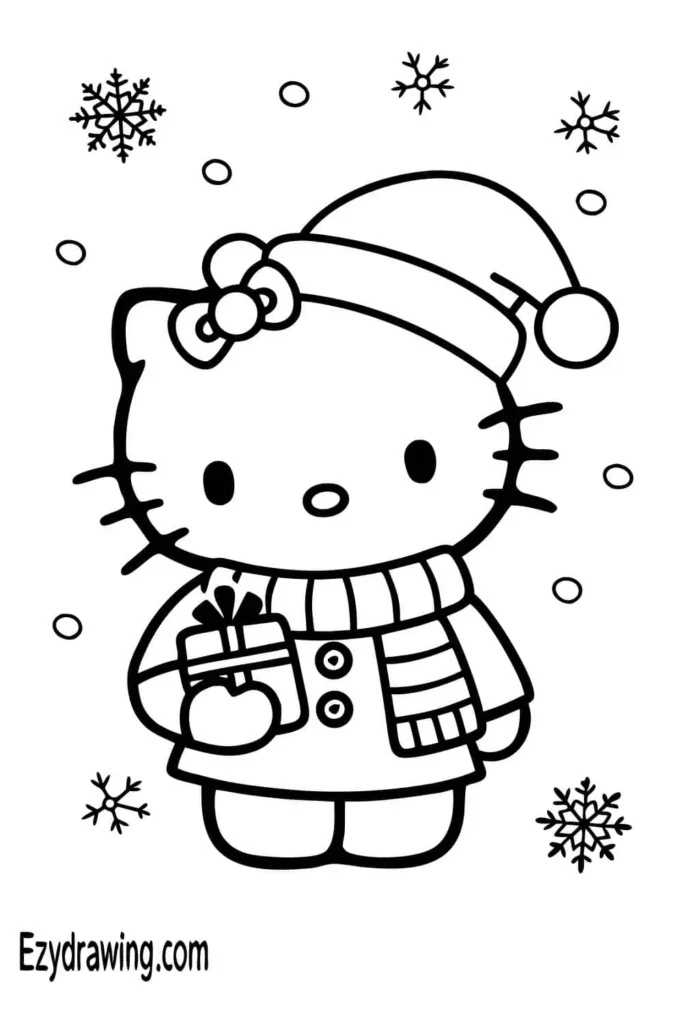 Festive Hello Kitty drawing in a Christmas outfit holding a gift box with snowflakes around, perfect for holiday-themed art