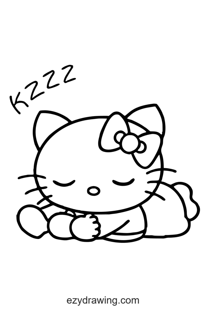 Sweet Hello Kitty drawing peacefully sleeping with a bow on her head and calm expression, perfect for bedtime art ideas.