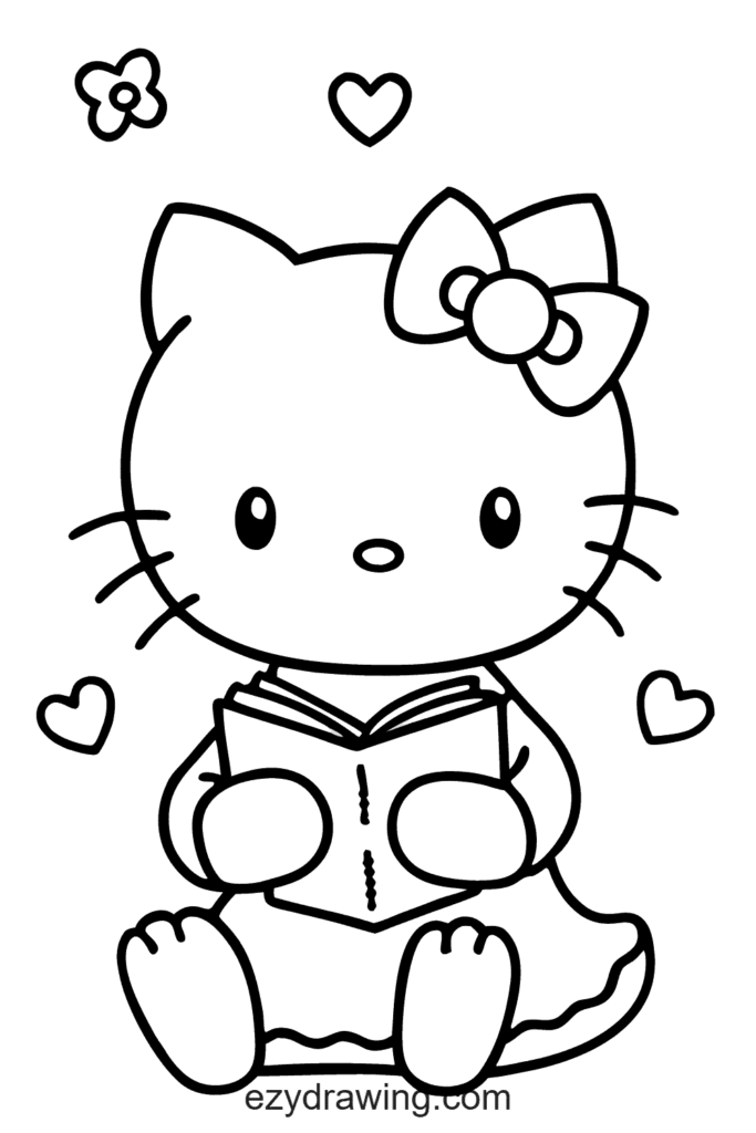 Cute Hello Kitty drawing sitting and reading a book with hearts and flowers around, perfect for kids’ calm art activity.
