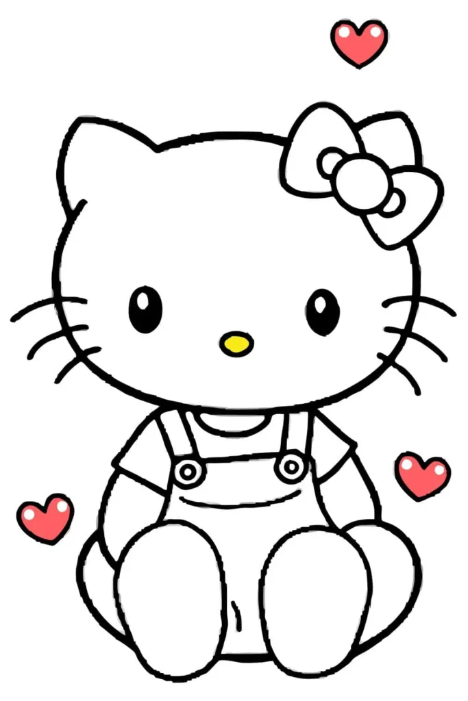 Adorable Hello Kitty drawing sitting down wearing overalls with a bow on her head and red hearts around her.