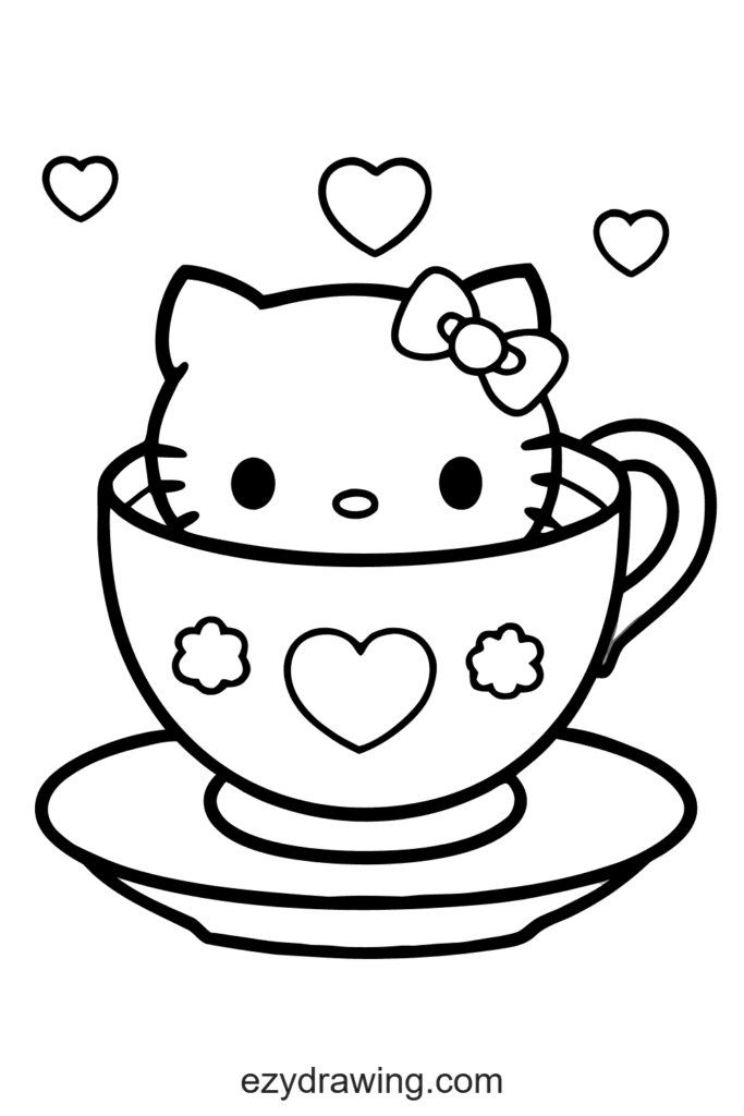 Adorable Hello Kitty drawing sitting inside a heart-decorated teacup with floating hearts above, perfect for cute art projects.
