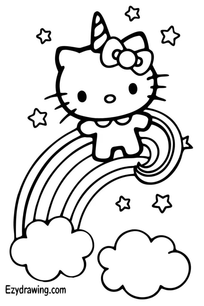 Magical Hello Kitty drawing transformed into a unicorn standing on a rainbow with stars and clouds, perfect for kids’ fantasy art