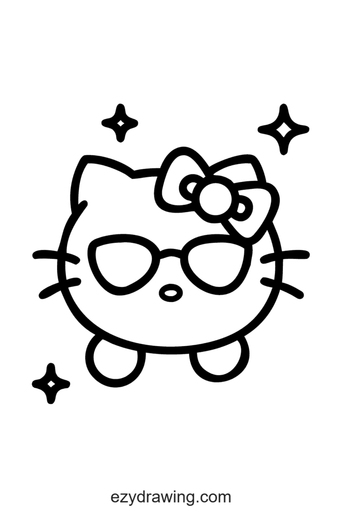 Cool Hello Kitty drawing wearing stylish sunglasses with sparkles around, perfect for kids who love fun and trendy art