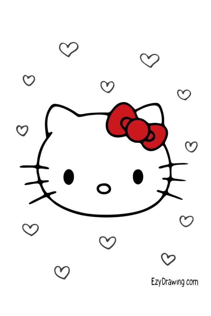 Simple Hello Kitty face drawing with a red bow and cute heart doodles around, perfect for kids’ easy drawing practice.