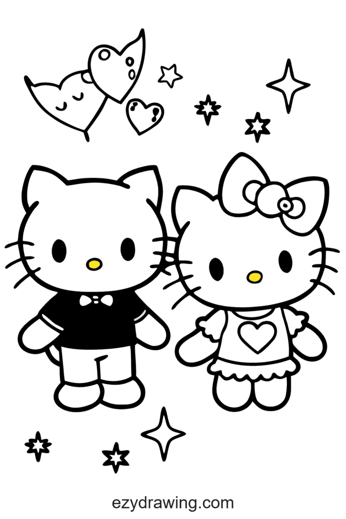 Cute Hello Kitty drawing with her friend Dear Daniel, surrounded by hearts and stars, perfect for friendship-themed kids’ art.