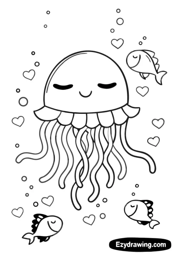 Smiling jellyfish drawing surrounded by tiny happy fish, bubbles, and hearts — ezydrawing.com illustration.