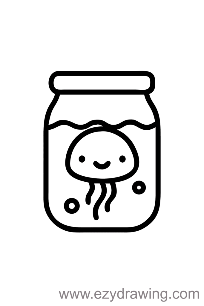 Cute jellyfish drawing inside a glass jar with water and bubbles — ezydrawing.com illustration.