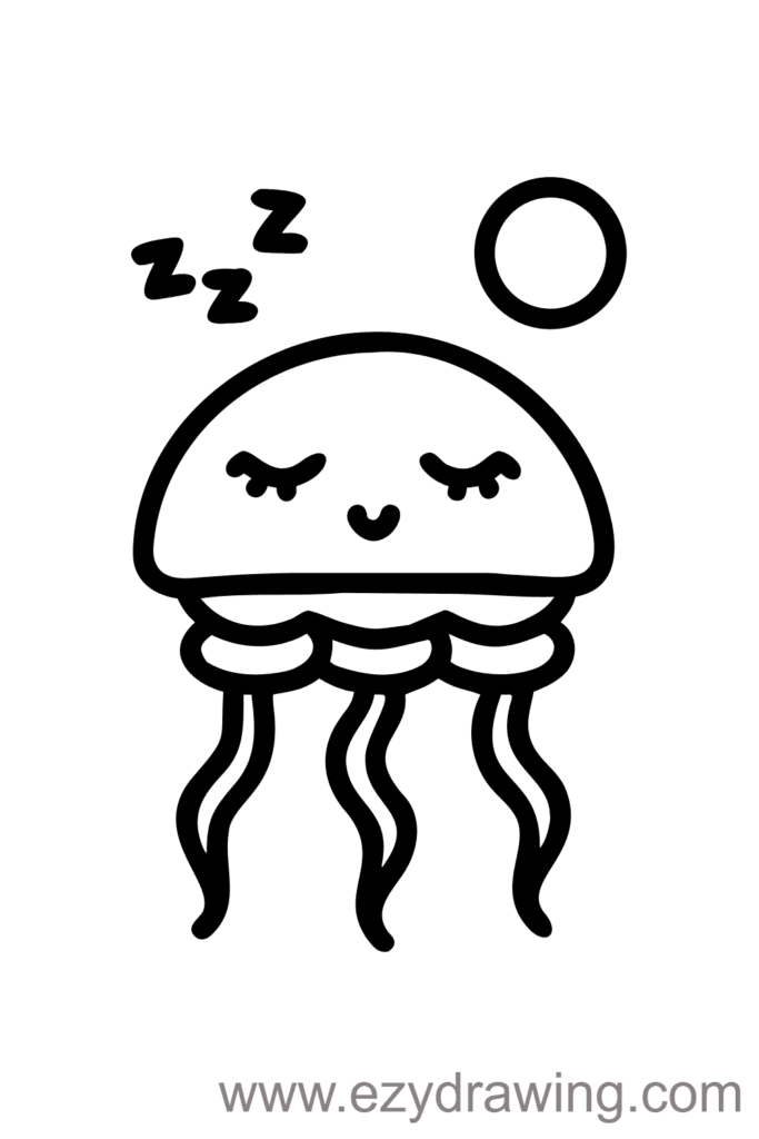 Cute sleeping jellyfish drawing with closed eyes, wavy tentacles, and zzz symbols — ezydrawing.com illustration.