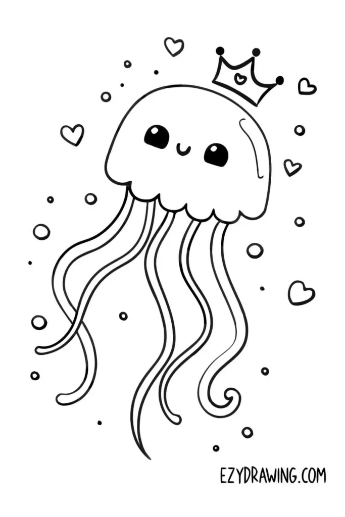 Cute jellyfish drawing wearing a crown with a happy face, surrounded by hearts and bubbles — ezydrawing.com illustration.