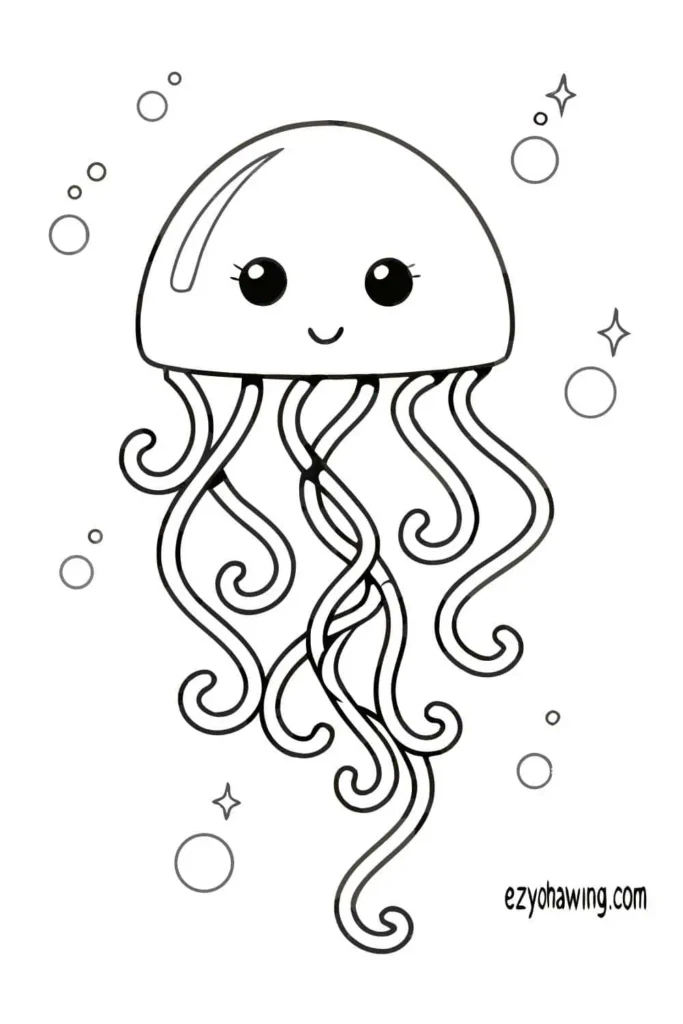 Adorable jellyfish drawing with big eyes, spiral tentacles, and floating bubbles — ezydrawing.com illustration.