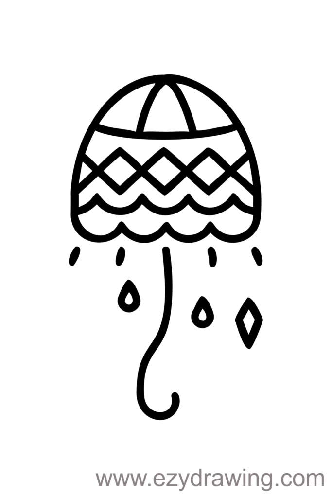 Simple jellyfish drawing with umbrella-like patterned top, curved tentacle, and water droplets — ezydrawing.com illustration.