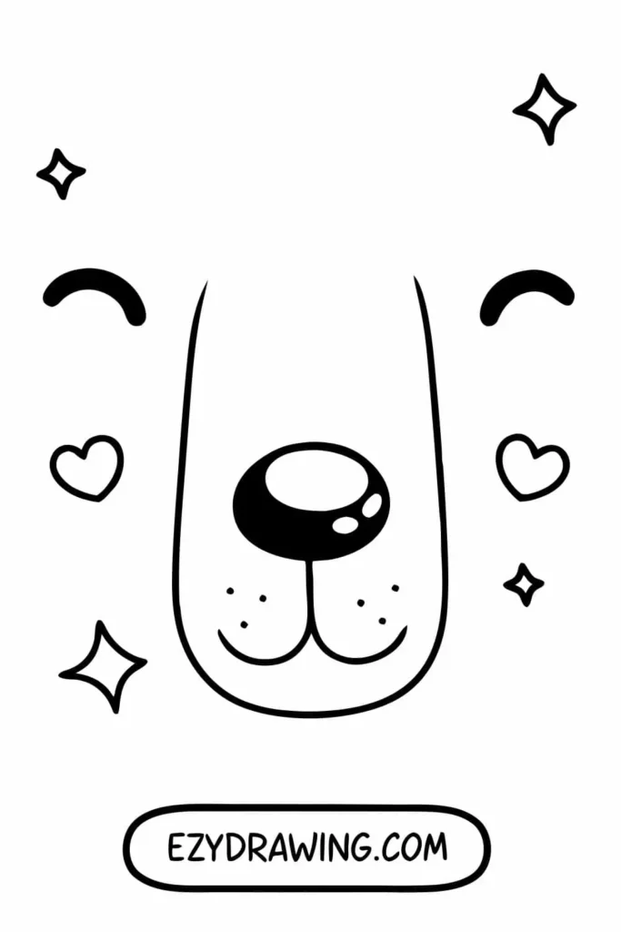 Cute dog face drawing with a shiny round nose, smiling muzzle, closed eyes, hearts, and sparkly accents around it