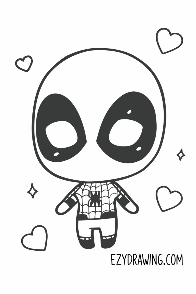 Cute chibi Spider-Man drawing with big eyes, small body, heart doodles, and web costume from ezydrawing.com
