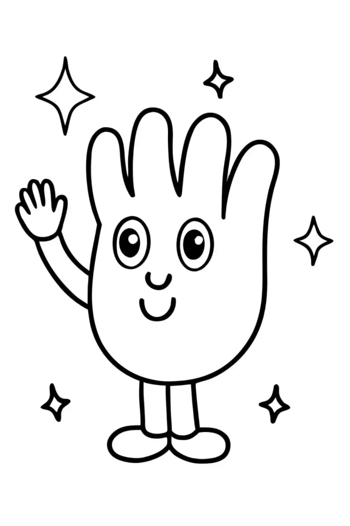 Cute cartoon hand character waving hello with a smiling face, big eyes, and sparkles around it in line art style.