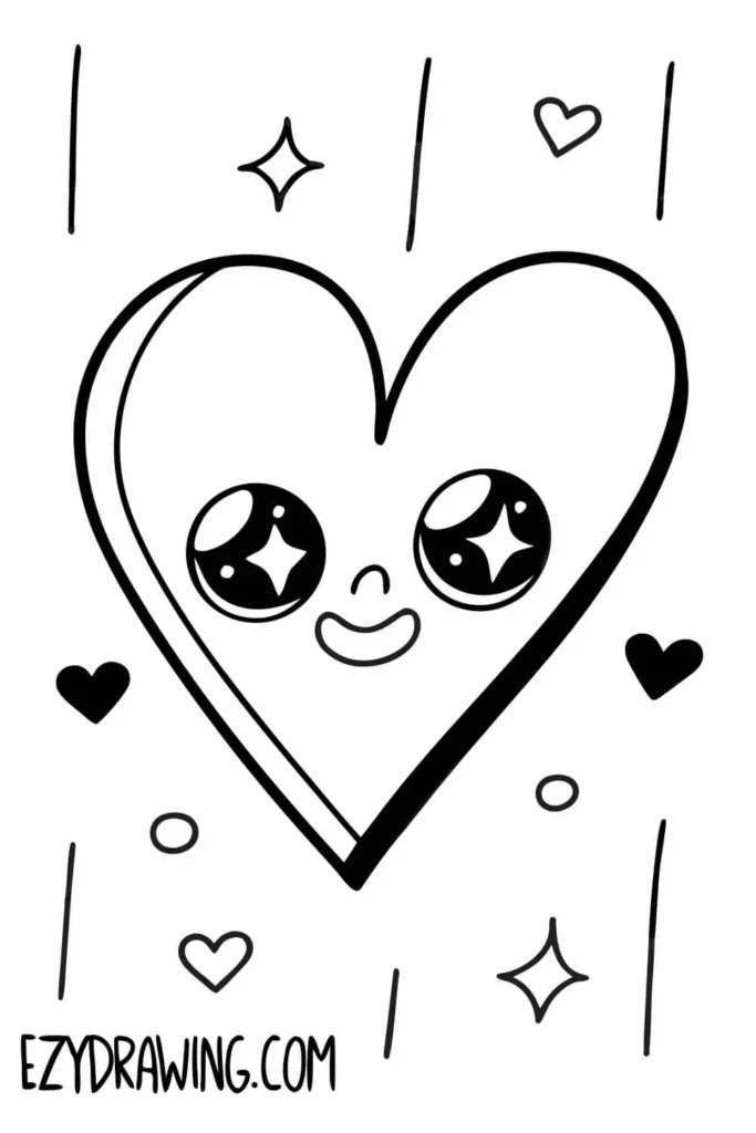 Cute kawaii heart drawing with big sparkling eyes, smiling face and small hearts and stars around, simple sketch for kids and beginners