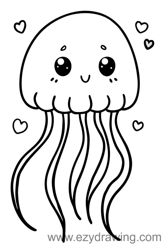 Adorable jellyfish drawing with a cute smiling face, big round eyes, and floating hearts — ezydrawing.com illustration.