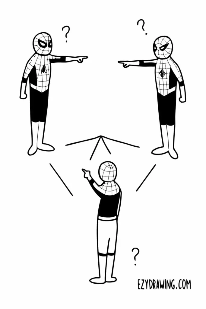 Funny Spider-Man meme drawing showing three Spider-Men pointing at each other in confusion with question marks from ezydrawing.com