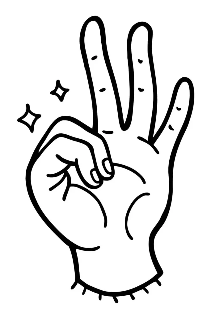 Hand making an OK gesture with thumb and index finger touching, surrounded by sparkles in simple line art style.