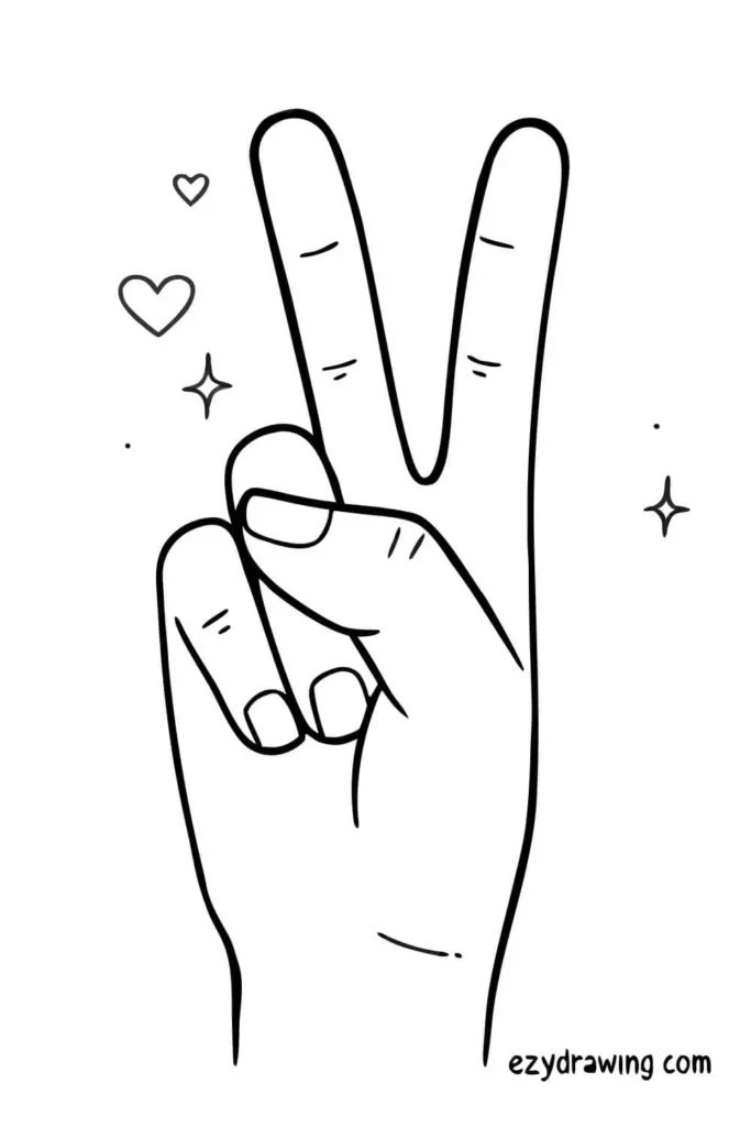 Hand showing a peace sign with two fingers raised, surrounded by small hearts and sparkles, line art style.