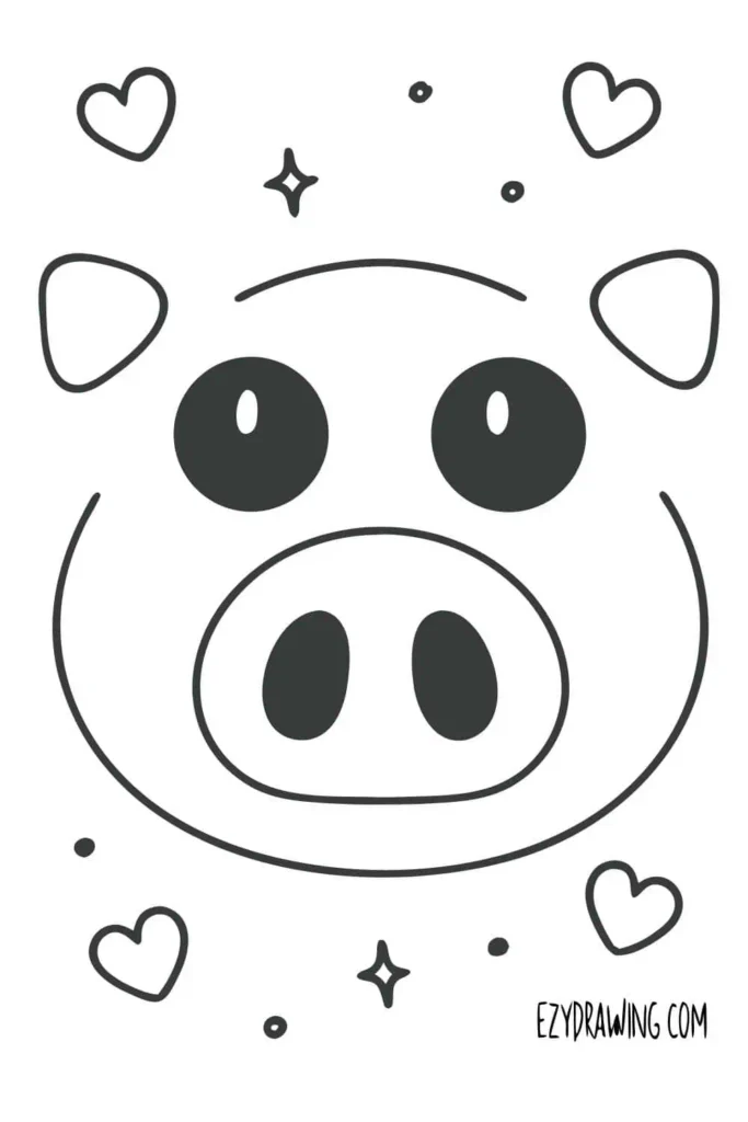 Cute pig face drawing with big round eyes, a simple snout, small ears, and hearts and sparkles around it.