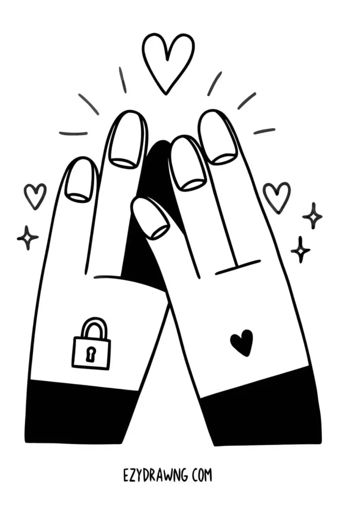 Two hands making a pinky promise with hearts and sparkles around, featuring small lock and heart symbols on wrists.