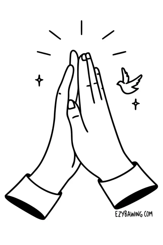 Two hands joined in prayer with a small bird and sparkles around, drawn in simple black and white line art style.