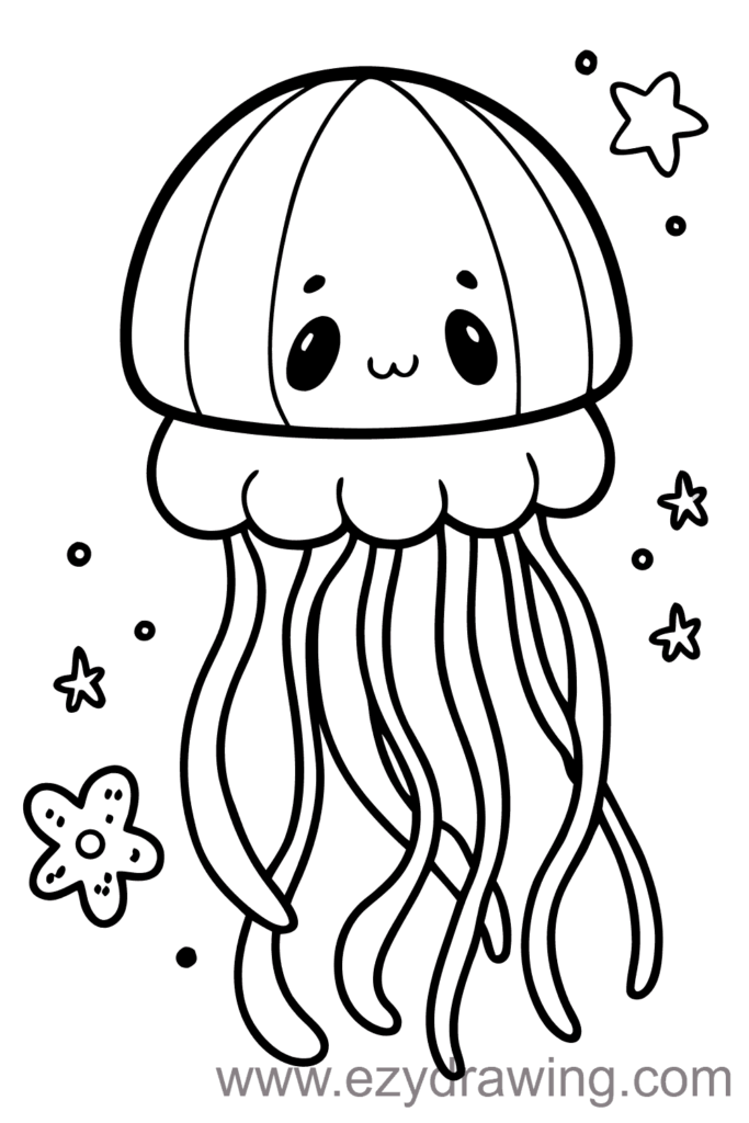 Cute jellyfish drawing with a striped dome, smiling face, long tentacles, and floating sea stars — ezydrawing.com illustration.