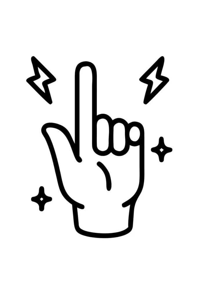 Hand making the rock and roll sign with the index finger raised, surrounded by sparkles and lightning shapes.