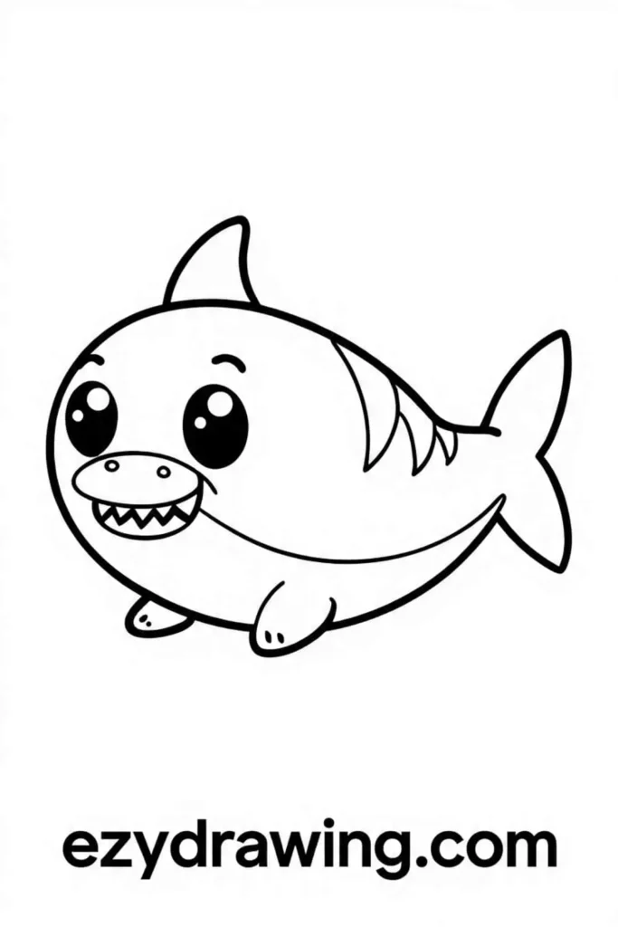 Cute cartoon baby shark drawing with big round eyes, tiny fins, and a happy smile – simple and fun for kids to color.