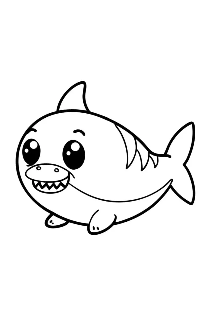 Adorable cartoon shark drawing with big sparkling eyes and a cheerful smile, perfect simple artwork for kids to color