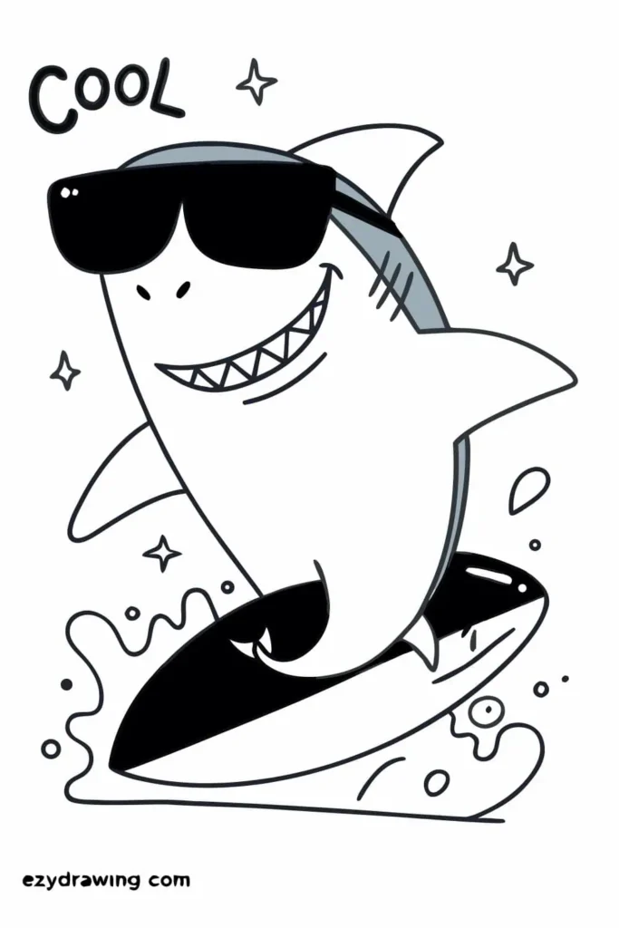 Cool cartoon shark drawing wearing sunglasses and surfing on waves with a big smile – fun and easy art for kids.