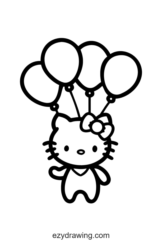 Adorable Hello Kitty drawing floating with balloons tied above her head, perfect for kids’ cute and cheerful art ideas.