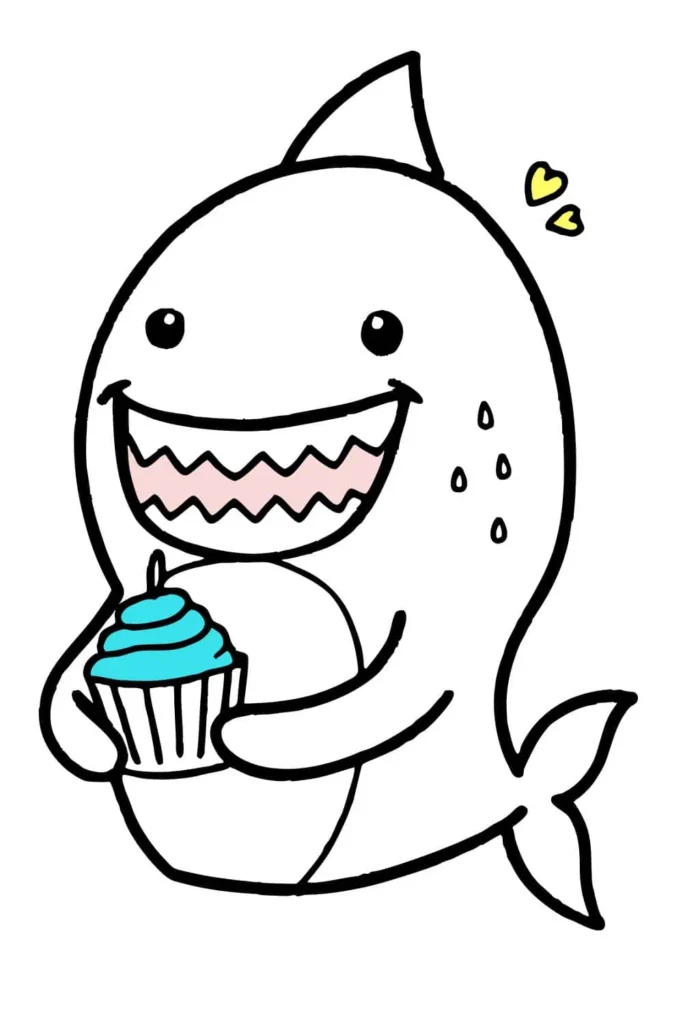 Cute kawaii shark drawing holding a blue cupcake with a big happy smile and little yellow hearts floating nearby.