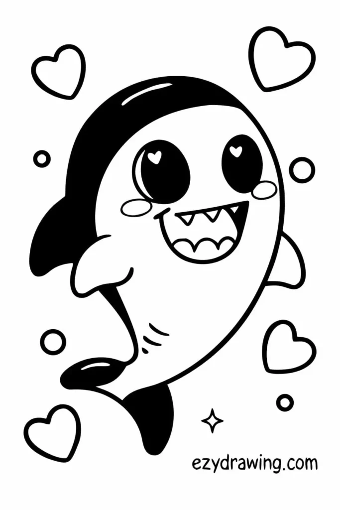 Adorable kawaii baby shark drawing with big sparkling eyes, tiny fins, and floating hearts around it – ezydrawing.com