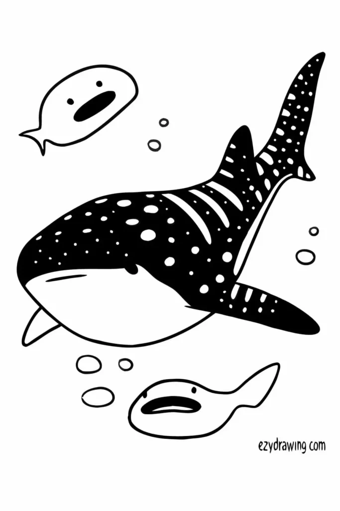 Cute whale shark drawing with white spots, small fish swimming nearby, and gentle bubbles underwater – ezydrawing.com