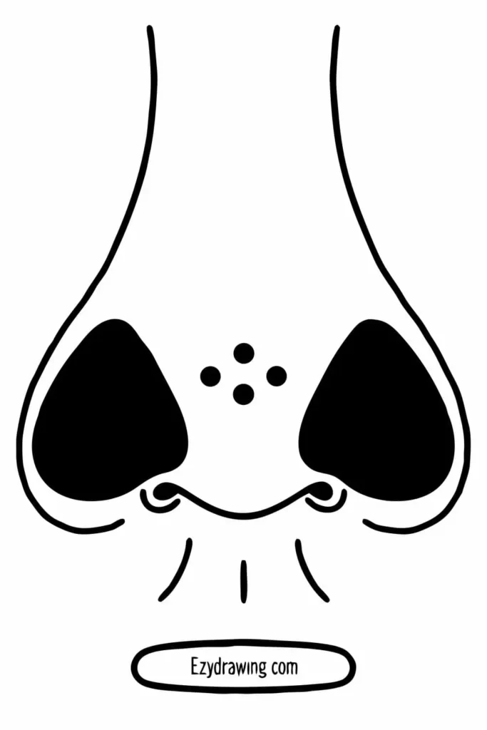 A simple black and white drawing of a nose with bold nostrils, small dots on the bridge, and light curved lines showing airflow