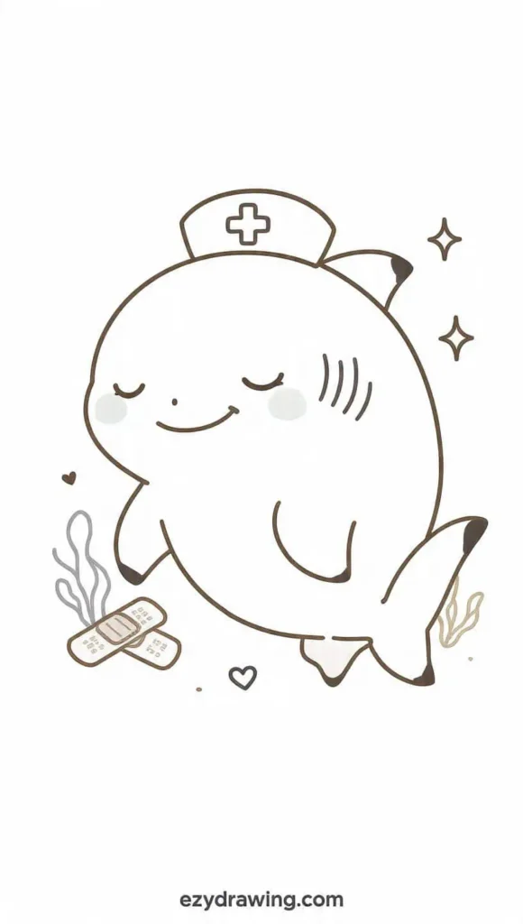 Adorable nurse shark drawing wearing a medical hat and smiling kindly with bandages and sparkles around – ezydrawing.com