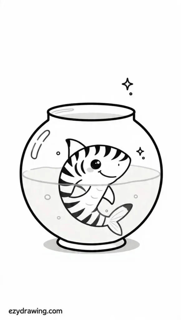 Cute tiny shark drawing with stripes swimming happily inside a round fishbowl, simple and fun art for kids – ezydrawing.com