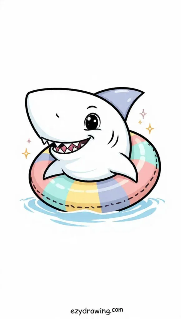 Cute kawaii shark drawing floating happily in a colorful swim ring on water, smiling with sparkles around – ezydrawing.com