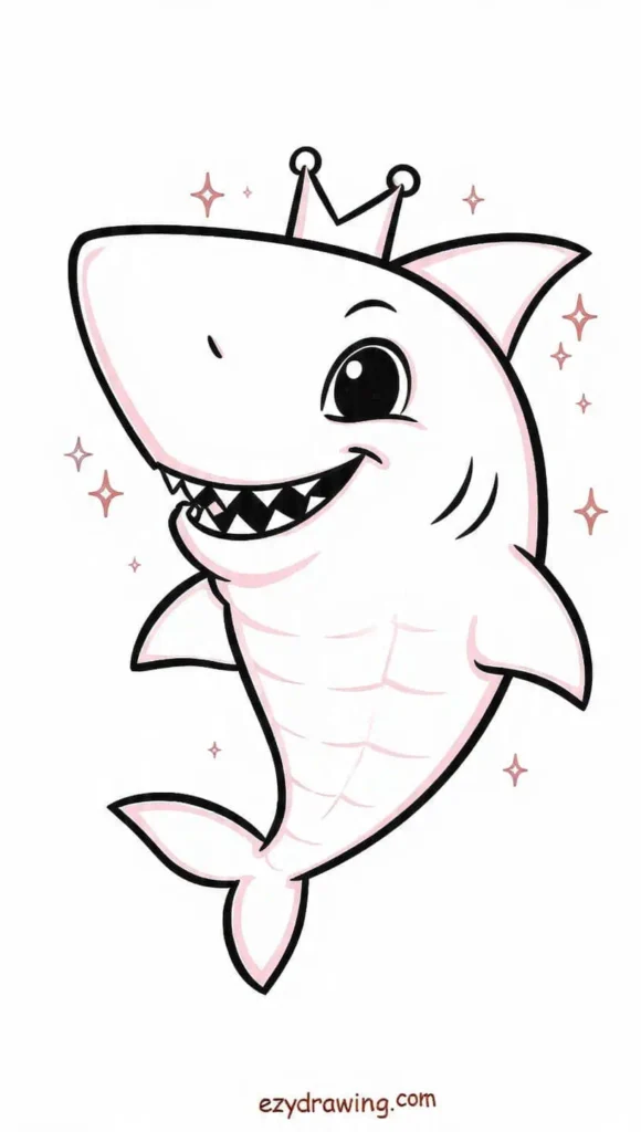 Cute kawaii shark drawing wearing a crown and smiling brightly with sparkles around, perfect royal ocean art – ezydrawing.com