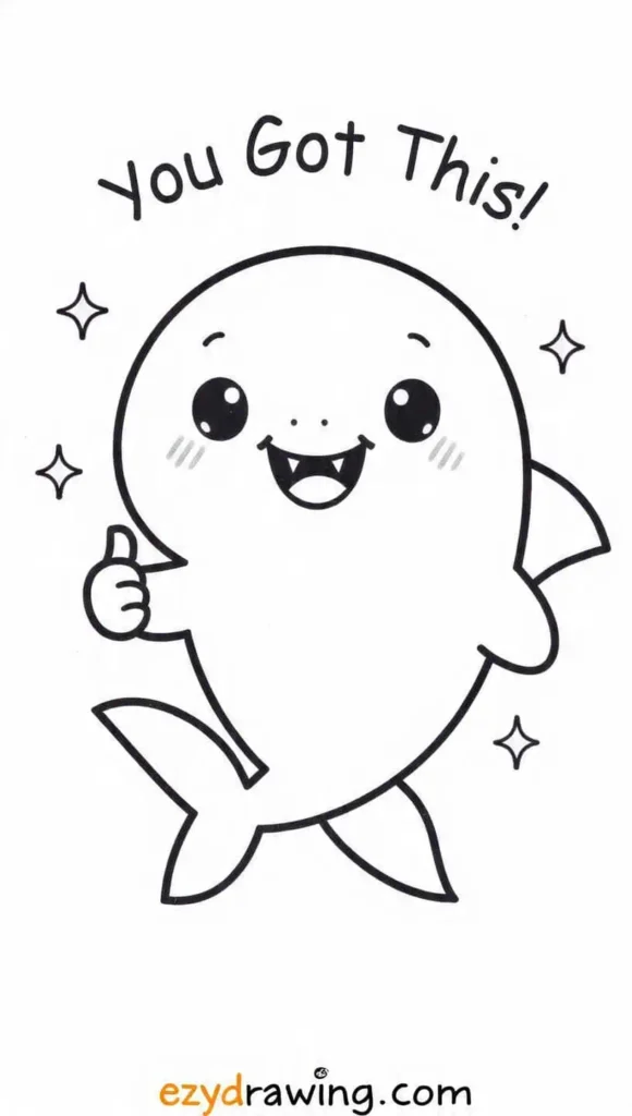 Cute kawaii shark drawing giving a thumbs up with a cheerful smile and the text “You Got This!” – ezydrawing.com