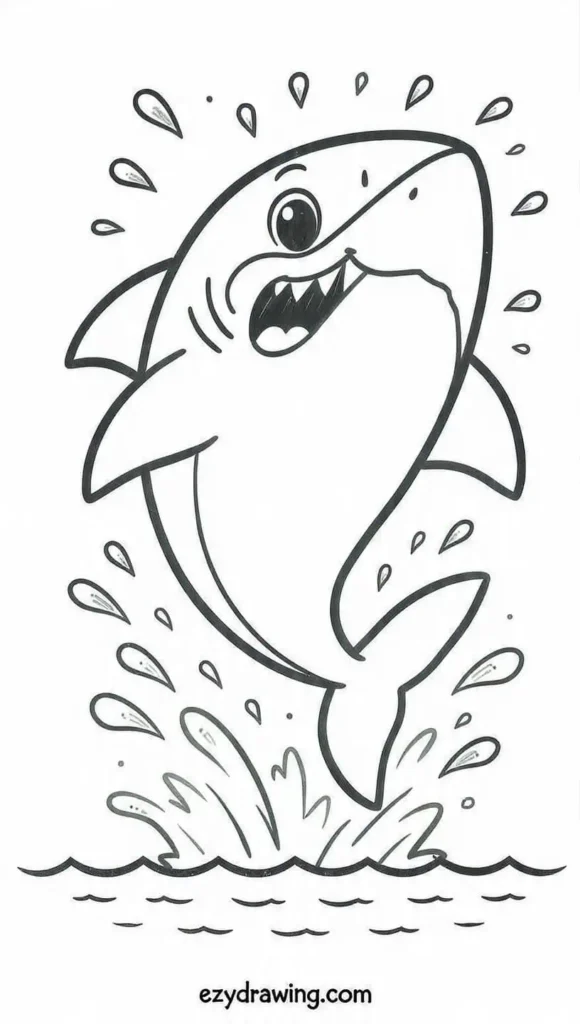 Cute cartoon shark drawing leaping joyfully out of the water with splashes around, perfect fun art for kids – ezydrawing.com