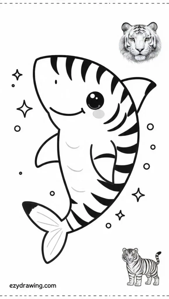 Adorable tiger shark drawing with cute stripes, big shiny eyes, and sparkles around, perfect easy art for kids – ezydrawing.com