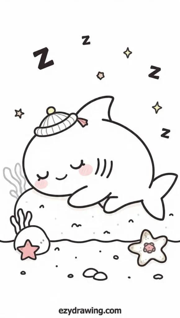 Adorable kawaii shark drawing peacefully sleeping on the ocean floor with a nightcap and starfish nearby – ezydrawing.com