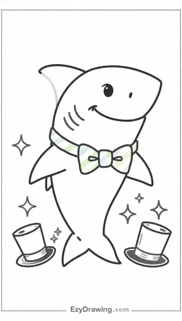 Cute cartoon shark drawing wearing a bow tie surrounded by sparkles and top hats, perfect fun art for kids – ezydrawing.com