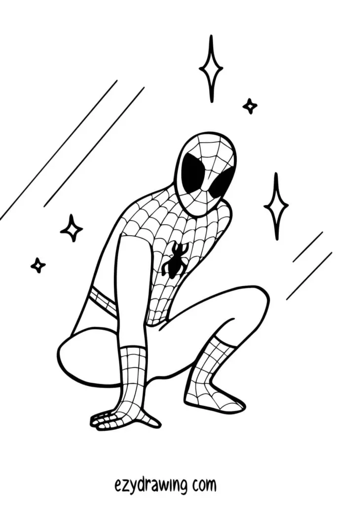 Spider-Man drawing in a classic crouching pose with web suit details and sparkle effects from ezydrawing.com
