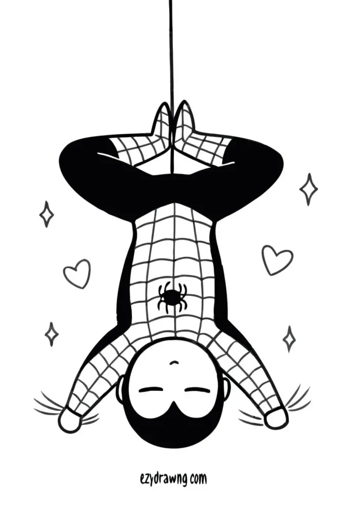 Cute Spider-Man drawing hanging upside down from a web with closed eyes, hearts, and sparkles from ezydrawing.com