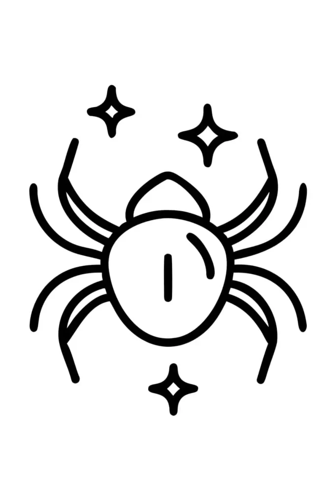 Simple black spider drawing with sparkling stars around it, representing the Spider-Man logo from ezydrawing.com