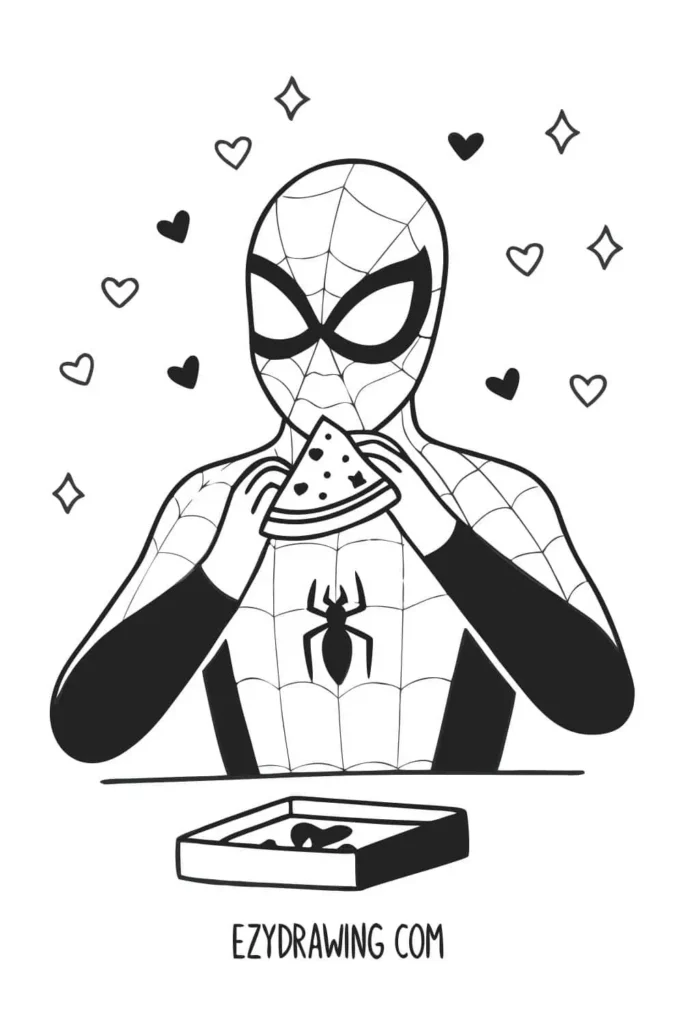 Cute Spider-Man drawing eating pizza with hearts and sparkles around, showing a relaxed and fun moment from ezydrawing.com