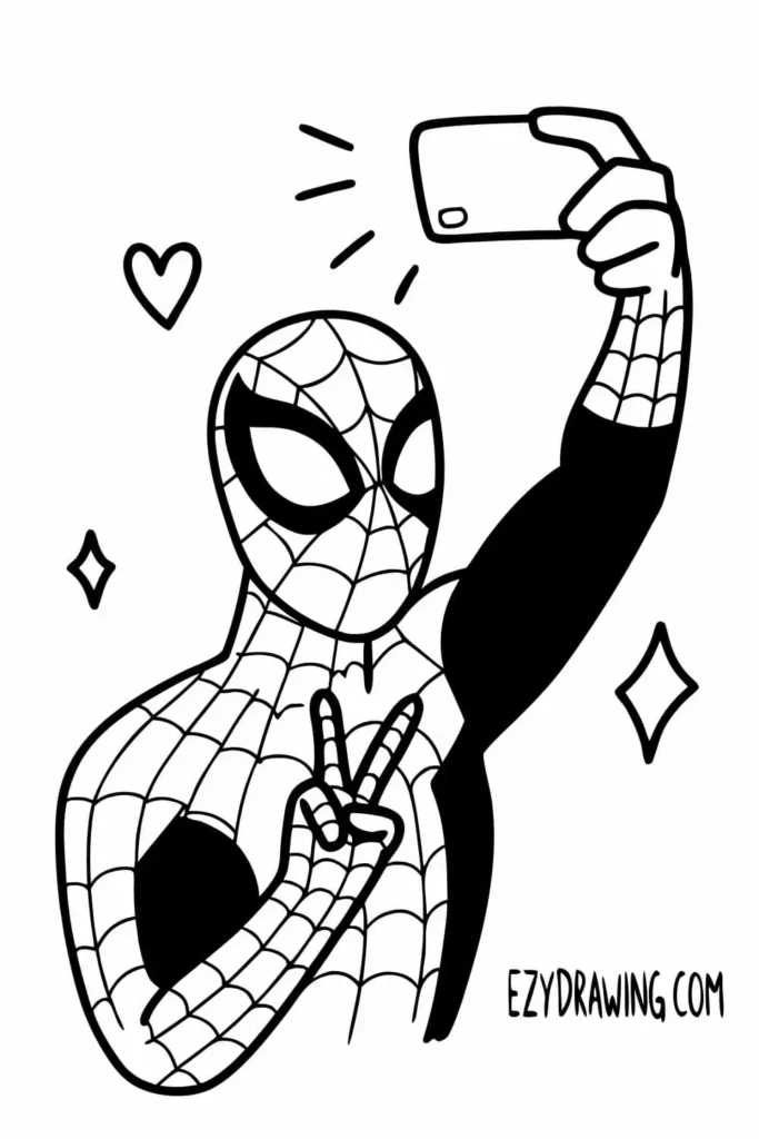 Fun Spider-Man drawing taking a selfie while making a peace sign, surrounded by hearts and sparkles from ezydrawing.com